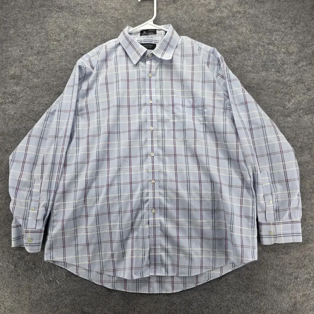 Nordstrom Mens Shop Dress Shirt Mens 17 Blue Plaid Classic Fit Point Collar